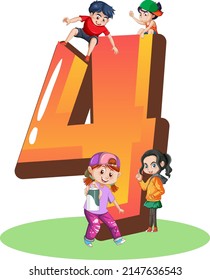 Four kids with number four cartoon illustration