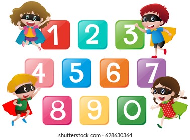 Four kids and numbers one to zero illustration