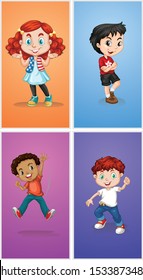 Cuatro niños con ilustración de fondo diferente