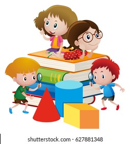 Four kids on giant books illustration