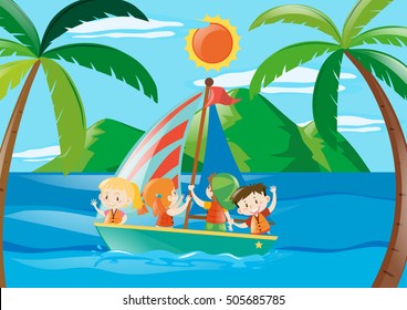 Four kids on sailboat at daytime illustration
