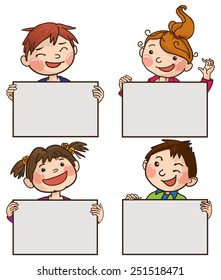 Four kids peeping behind four placard. Colour. Back to School isolated objects on white background. Great illustration for a school books and more. VECTOR. Editorial. Education. Advertising. Board.