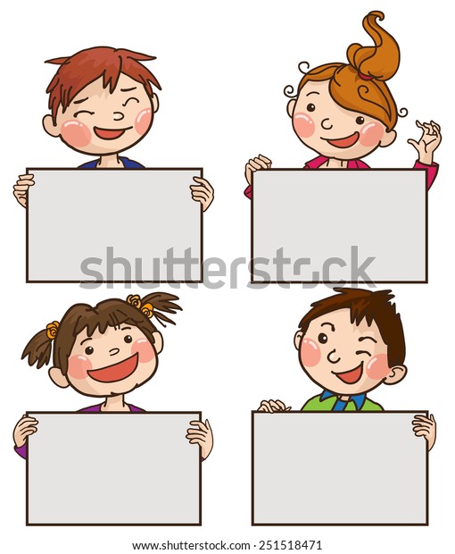 4人の子供が4つのプラカードの後ろを覗き込む 色 白い背景に学校に戻る 学校の本などに最適なイラスト ベクター画像 エディトリアル 教育 広告 ボード のベクター画像素材 ロイヤリティフリー
