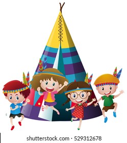 Four kids playing indian around teepee illustration