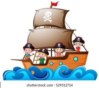 Four kids playing pirate in the ship illustration