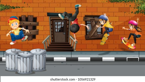 Four kids playing skateboard and dancing in neighborhood illustration