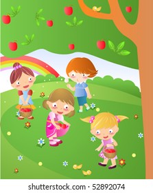 Four kids playing under tree
