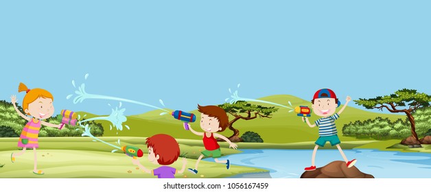 Four kids playing watergun in park illustration