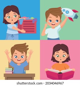 four kids practicing activities characters