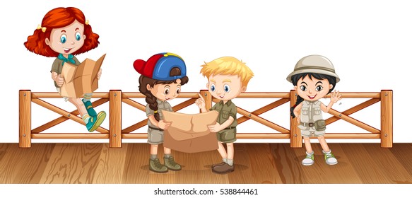 Four kids reading map on the bridge illustration