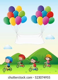 Four kids riding bike in the park illustration