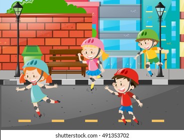 Four kids rollerskate on the road illustration