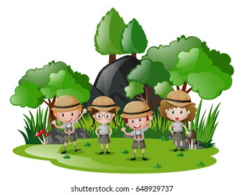 Four kids in safari outfit having fun in the forest illustration