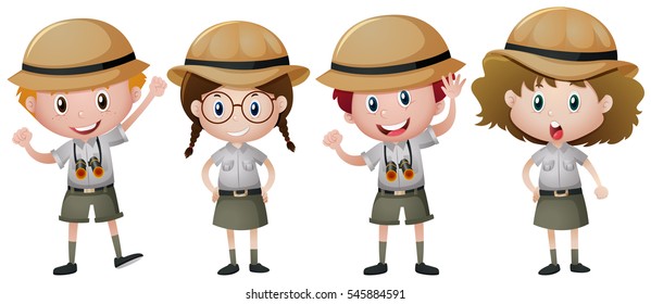 Four Kids In Safari Outfit Illustration