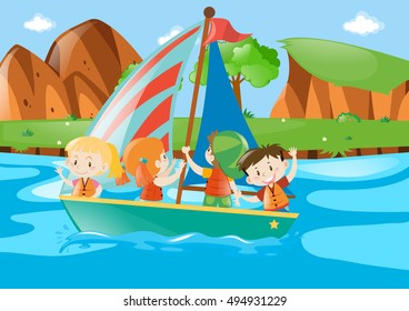 Four kids sailing boat in river illustration svg