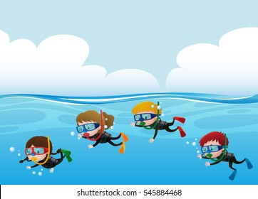 Four kids scuba diving under the ocean illustration