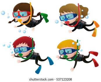 Four kids scuba diving underwater illustration