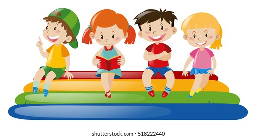 Four kids sitting on floating raft illustration