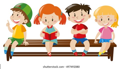 Four Kids Sitting On Wooden Bench Illustration