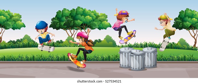 Four kids skateboarding in park illustration
