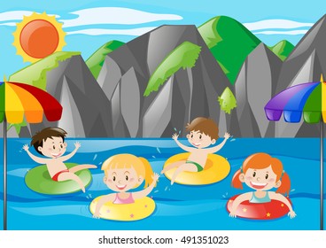 Four kids swimming in the river illustration
