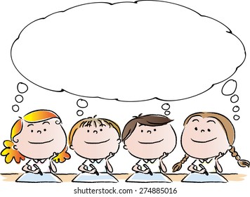 four kids thinking with blank bubble