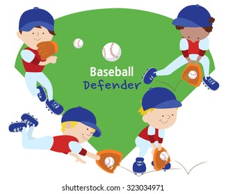 Four kids in uniform defending the bases.
Each child is holding a different pose.