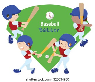 Four kids in uniform holding a baseball bat. Each child is holding a different pose.