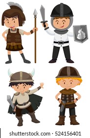 Four kids in warrior costume illustration