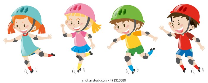 Four kids wearing helmet  illustration