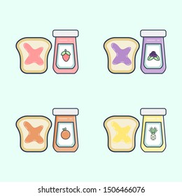  Four kind of jam consist of strawberry, blueberry, orange and pineapple. Fruit bread spread. Food vector illustration.