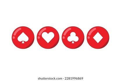 Four of a kind playing cards suits icons. Realistic poker cards icons with red color. Heart, club, diamond and spade icons isolated on white background. Gamble games vector illustration.