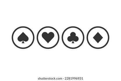 Cuatro de un tipo de cartas de juego se adaptan a los iconos. Iconos de cartas de póquer negro en círculo. Iconos de club, diamante, pala y corazón aislados en fondo blanco. Ilustración vectorial de juegos Gamble.