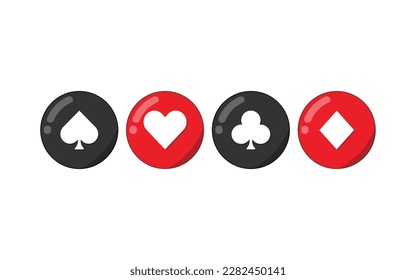 Four of a kind playing cards suits icons. Realistic poker cards icons with black and red color. Spade, heart, club and diamond icons isolated on white background. Gamble games vector illustration.