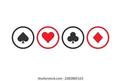 Four of a kind playing cards suits icons. Black and red poker cards icons in a circle. Spade, heart, club and diamond icons isolated on white background. Gamble games vector illustration.