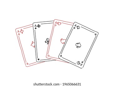 Four of a kind. Poker quads. Four aces. Good luck in the game. Playing cards. Hand drawn sketch line.