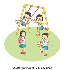 four kindergarten boys and girls playing in the playground