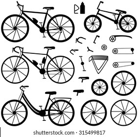 Four kinds of bicycles:road, city and bmx mountain (or cross-country) bike. Bike accessories. Vector illustration.