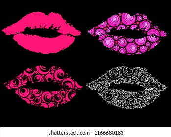 four kinds of lips in different style on a black background, vector