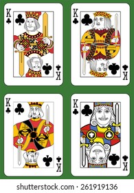 Four Kings of Clubs in four different styles on a green background