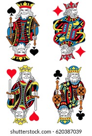 Four Kings Figures Inspired By Playing Cards French Tradition. All The Figures Are Isolated Without Card Frame