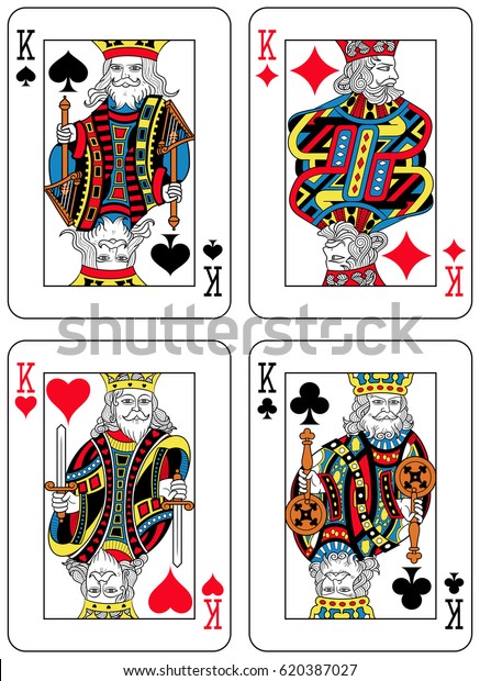 Four Kings\
figures inspired by playing cards french tradition. All the figures\
are inside a playing card\
frame