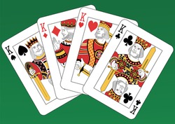 Four Kings Playing Cards On A Green Background. Each Card Is Full And Isolated