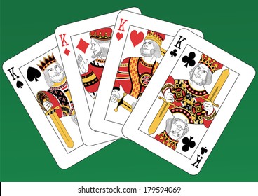 Four Kings playing cards on a green background. Each card is full and isolated