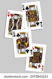 Four kings playing cards on a gray background representing gambling, royal flush, and casino games. Hand drawn illustration