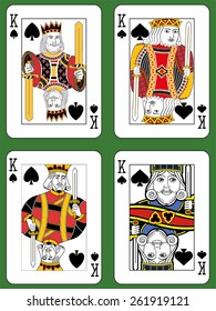 Vier Könige von Spades in vier verschiedenen Stilen auf grünem Hintergrund