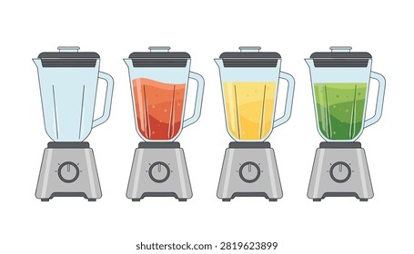 Four kitchen blenders showing various stages from empty to filled with red, yellow, and green healthy smoothies.