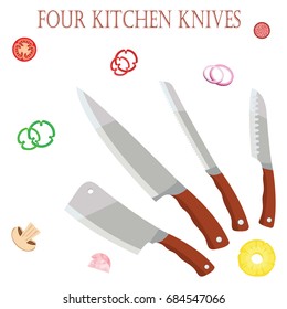 Four kitchen knives for the chef for chefs with vegetables. EPS10. Vector illustration on white isolated background.