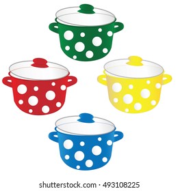 four kitchen pots in green, red, yellow and blue color isolated on white background