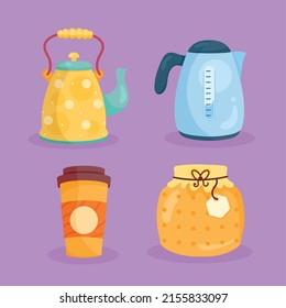 four kitchen teapots set icons